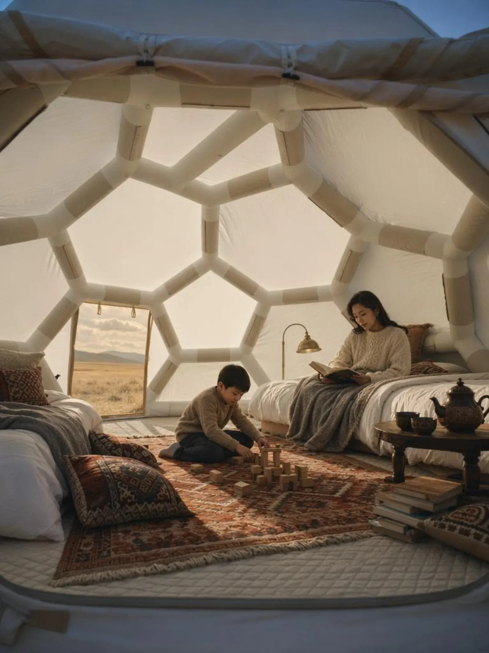 Woman reading a book cross-legged on a queen bed inside a caravan bedroom, soft morning light