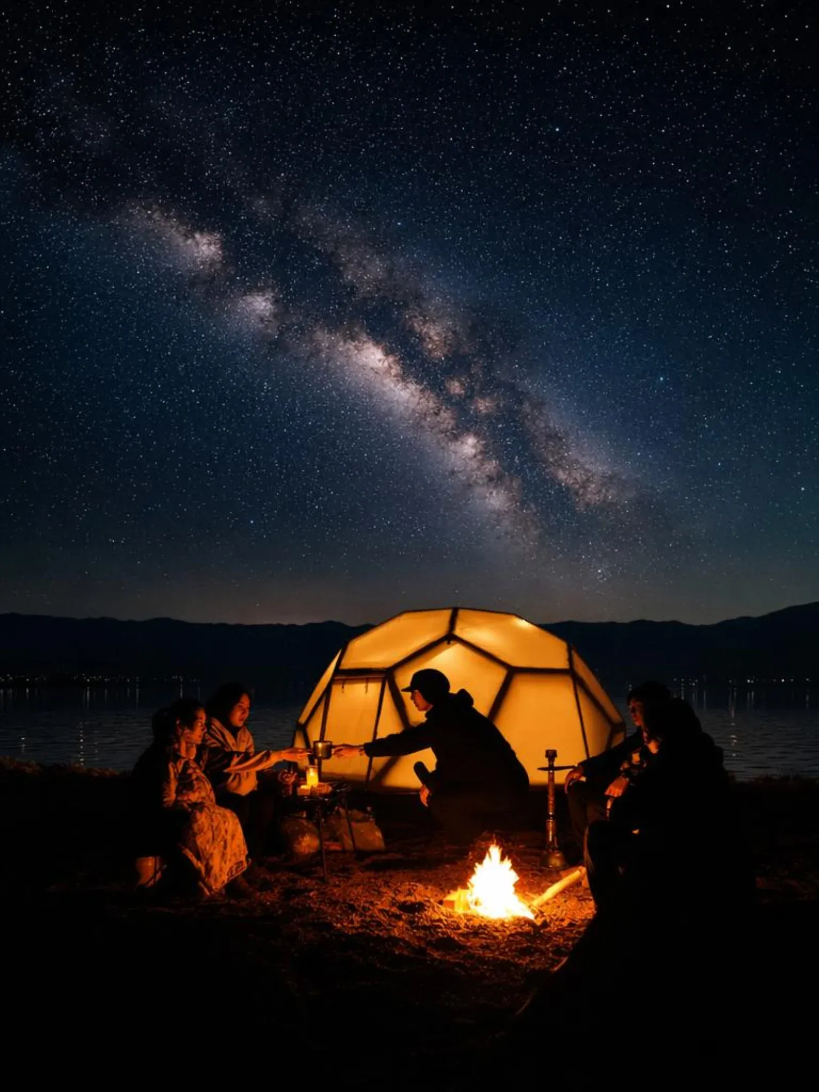 Luxury glamping geodesic dome tent at golden hour on the endless Kazakh steppe with distant Tian Shan foothills