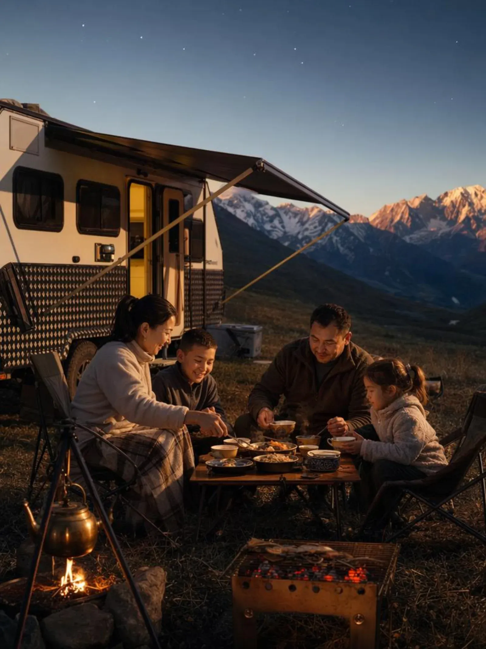 Couple enjoying breakfast at a marble dinette inside a caravan, queen bed visible through a doorway