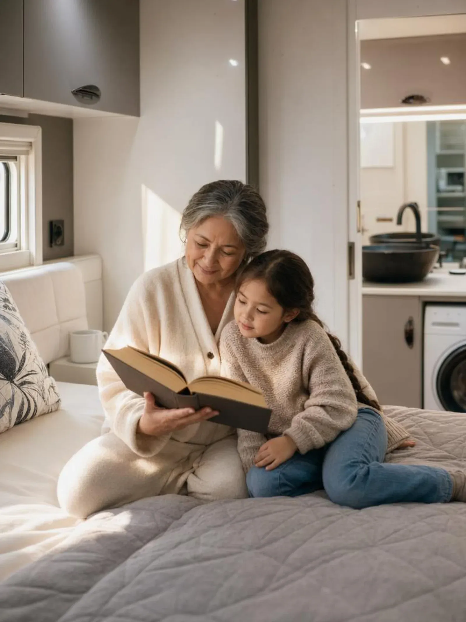 Woman reading a book cross-legged on a queen bed inside a caravan bedroom, soft morning light