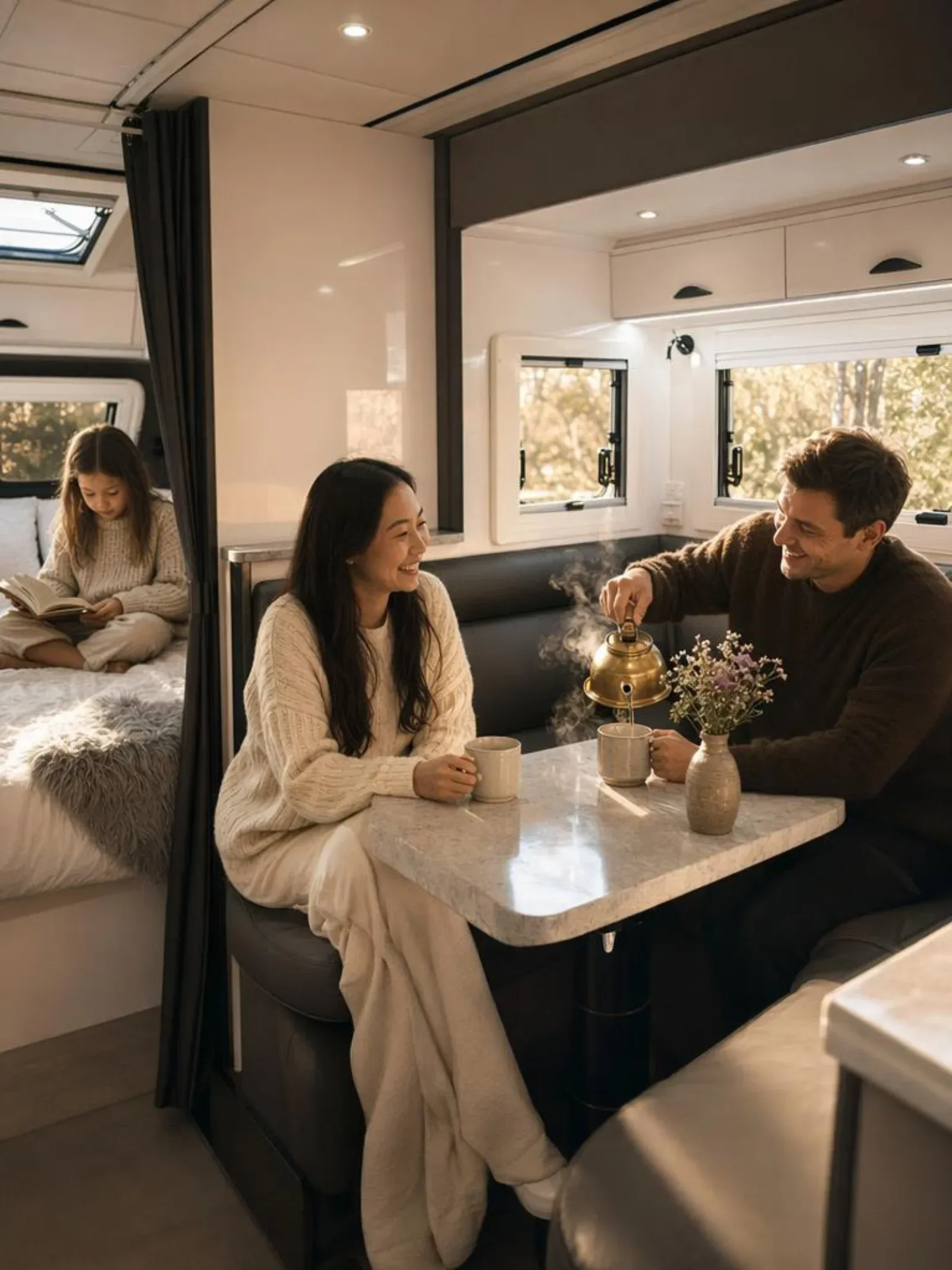 Couple enjoying breakfast at a marble dinette inside a caravan, queen bed visible through a doorway